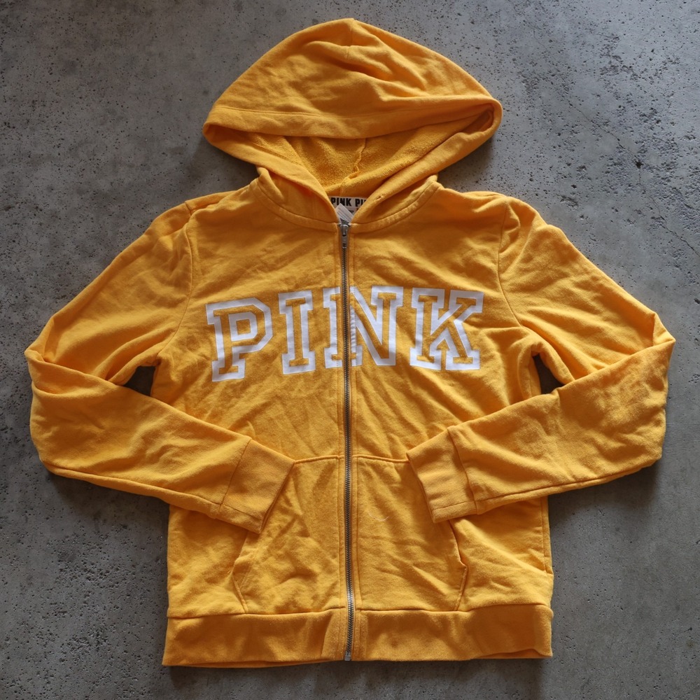 PINK Victoria's Secret Zip Up Hoodie Women's Size Medium Yellow Logo Sweatshirt